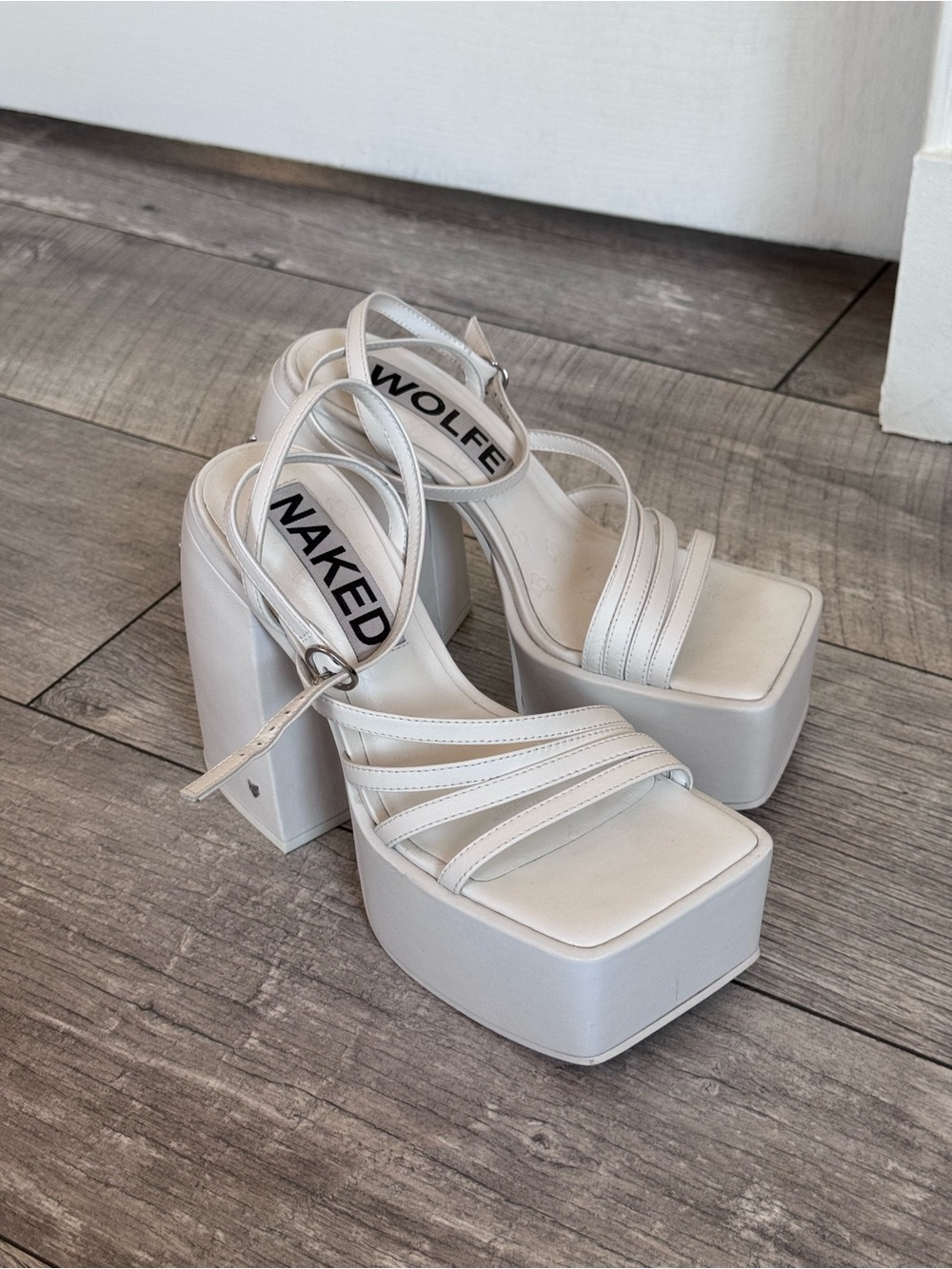 Naked Wolfe Jada White Platform Leather Strappy Heels